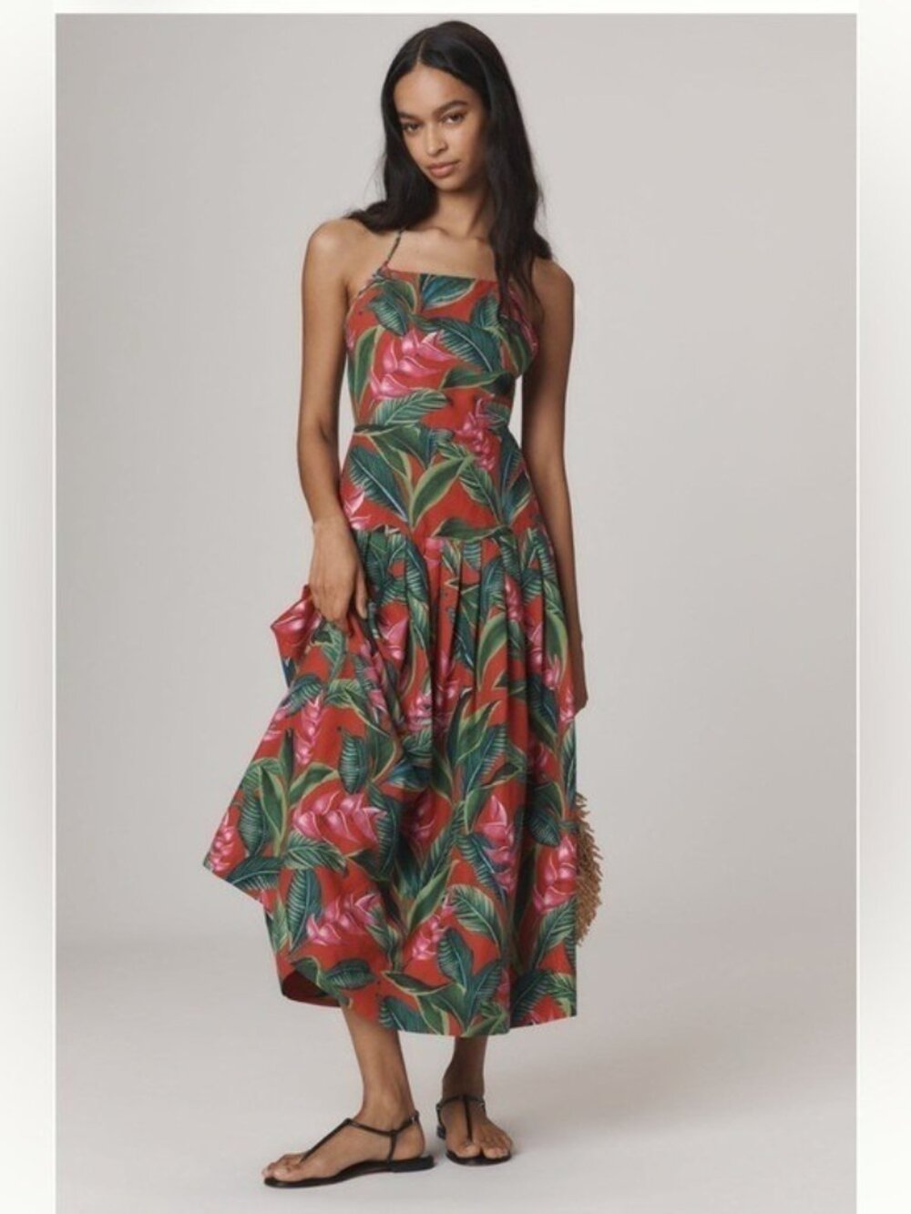 FARM RIO X ANTHROPOLOGIE Dream Garden Linen Blend Strappy DropWaist Dress Size M